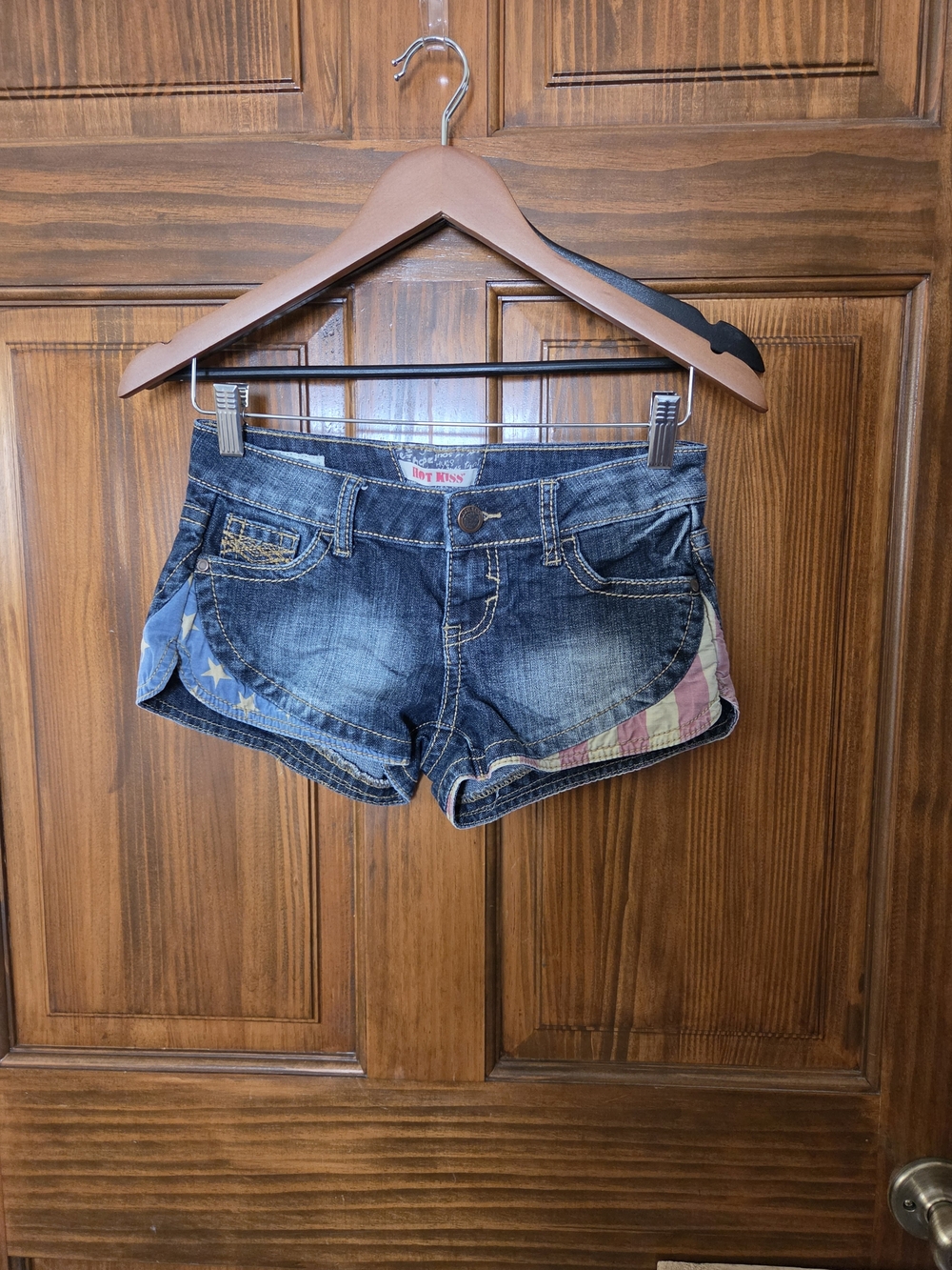 Hot Kiss Blue Denim Jean Shorts with Flag Accent